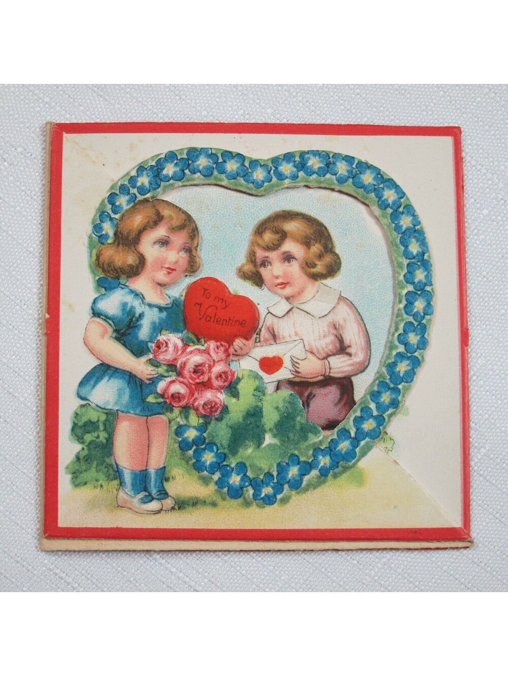Vintage Valentine Card 1929 Fold Out Country Boy & Girl w/ Flowers Heart Germany